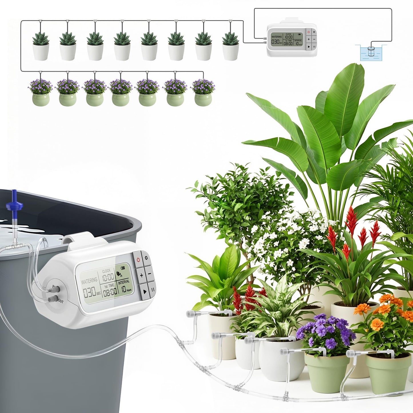 Noctila Automatic Drip Irrigation Kit, USB Rechargeable Auto Plant Watering System with Programmable Timer, Anti-Siphon Valve, DIY Irrigation System for up to 15 Outdoor/Indoor Potted Plants
