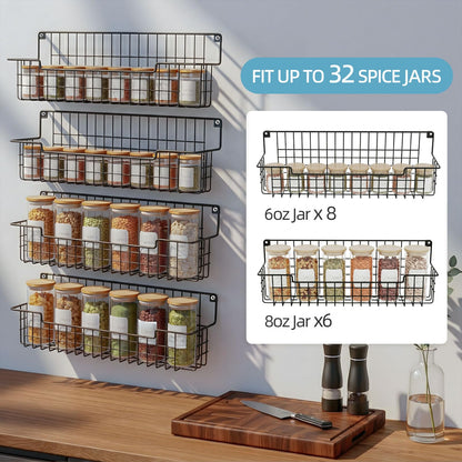 AURIKAR Spice Rack Wall Mount, Spice Organizer for Cabinet & Pantry Door, Set of 4 Hanging Spice Rack Saving Space for Kitchen, Black