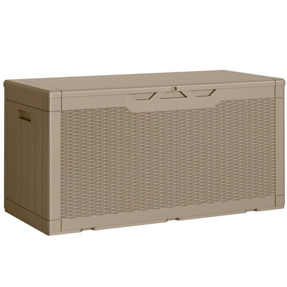 Greesum Outdoor Storage Box 100 Gallon Storage Bin with Lid for Patio Furniture, Garden Tools, Pool Supplies, Lockable, Waterproof and UV Resistant, Light Coffee