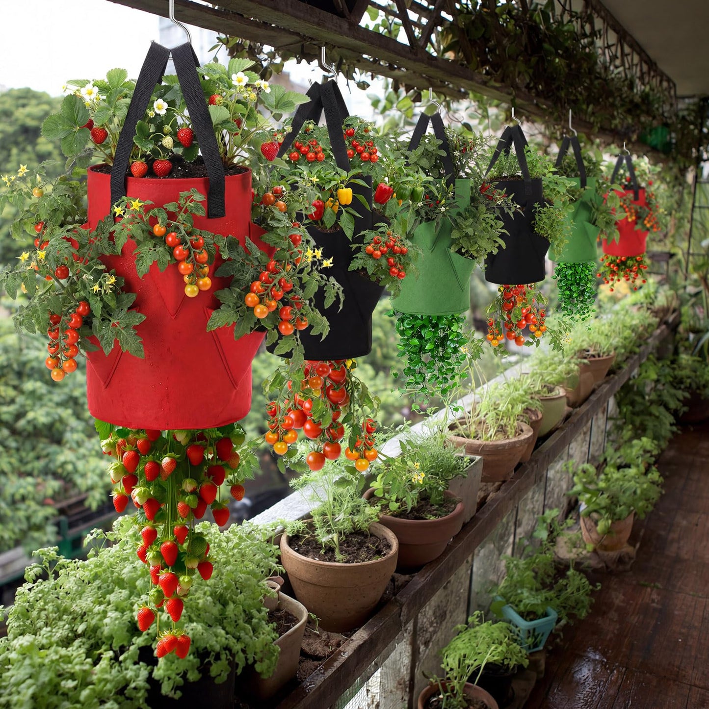 SATINIOR 6 Pack Upside Down Tomato Herb Planter 3 Gallon Hanging Grow Bags Outdoor Strawberry Planters with 6 Planting Holes and 1 Bottom Zipper Grow Bags with Hooks for House Vegetable Gardening