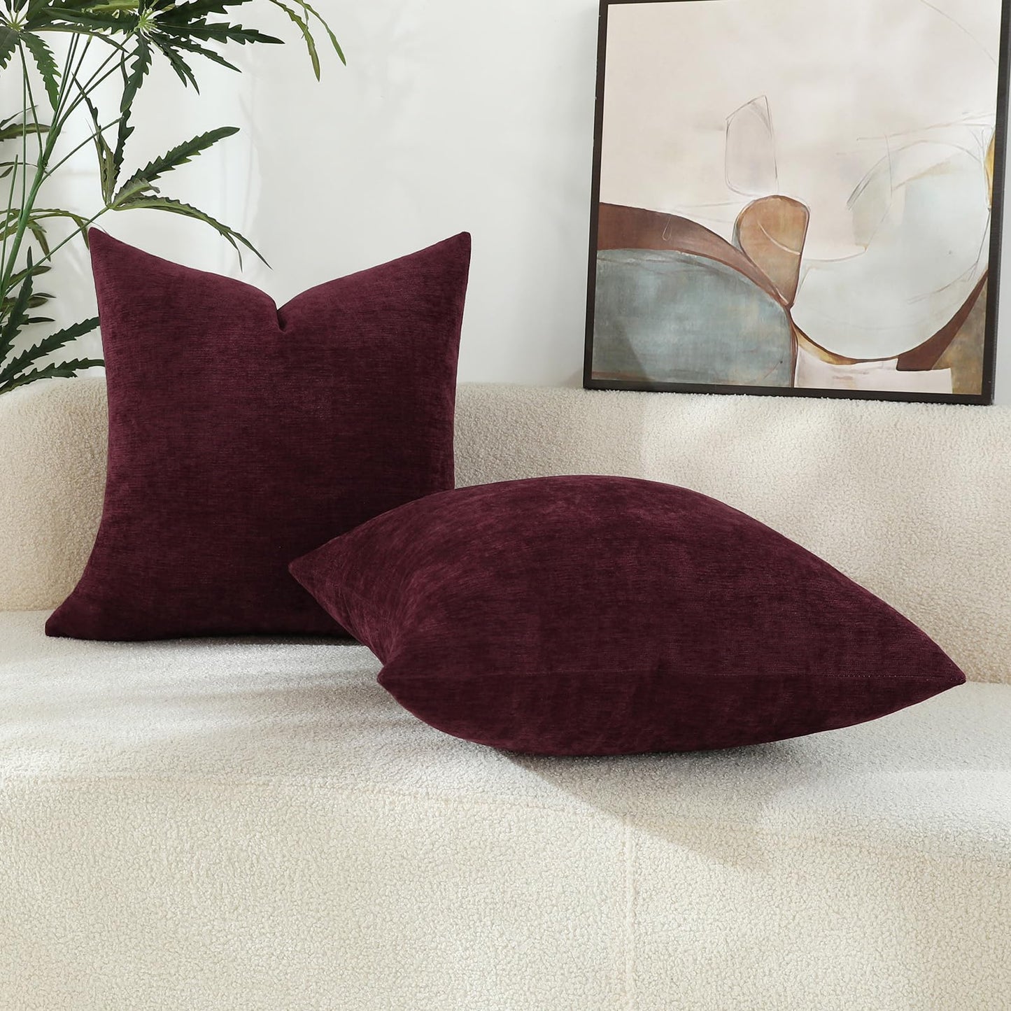 Qanatmz Burgundy Red Chenille Decorative Couch Throw Pillow Covers, Soft Cushion Cases for Home Livingroom Sofa Décor, Pack of 2, 14 x 14 Inches