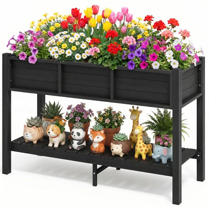 DWVO 48x18x30in Raised Garden Bed Kit, HDPE Planter Box Stand, Poly Wood Weather-Resistant Planter Box with Legs & Storage Shelf, Elevated Garden Bed for Backyard, Patio, Balcony,Black