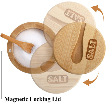 Lawei 2 Pack Bamboo Salt and Pepper Bowls, Round Salt Container with Magnetic Swivel Lids and Spoons, Bamboo Salt Cellars, Seasoning Storage Holder Box for Salt, Pepper, Sugar, Spice