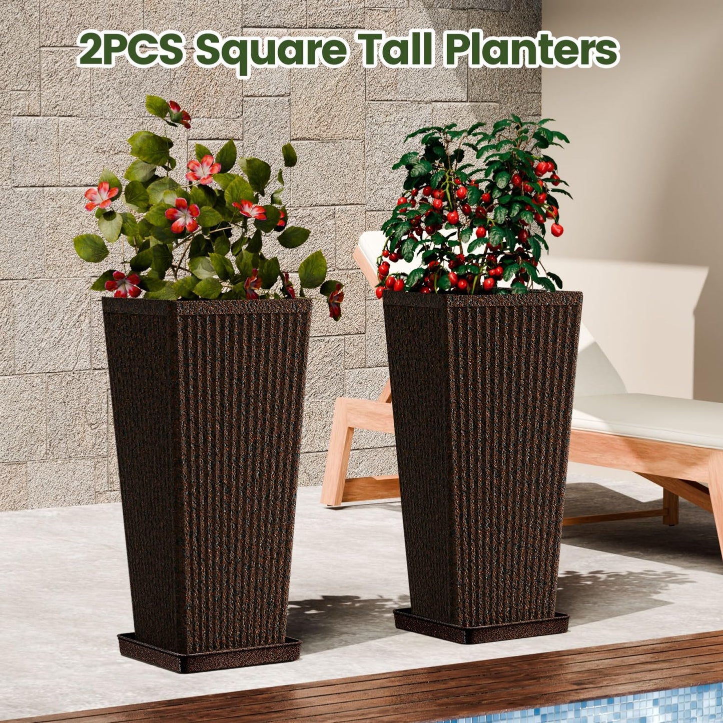 Diyfire Front Porch Planters Outdoor Set of 2, 24" Tall Plastic Planters for Outdoor Plants with Drainage, Extra Large Outdoor Planter Pots, Tapered Tall Planters for Front Door & Indoor Plants, Brown
