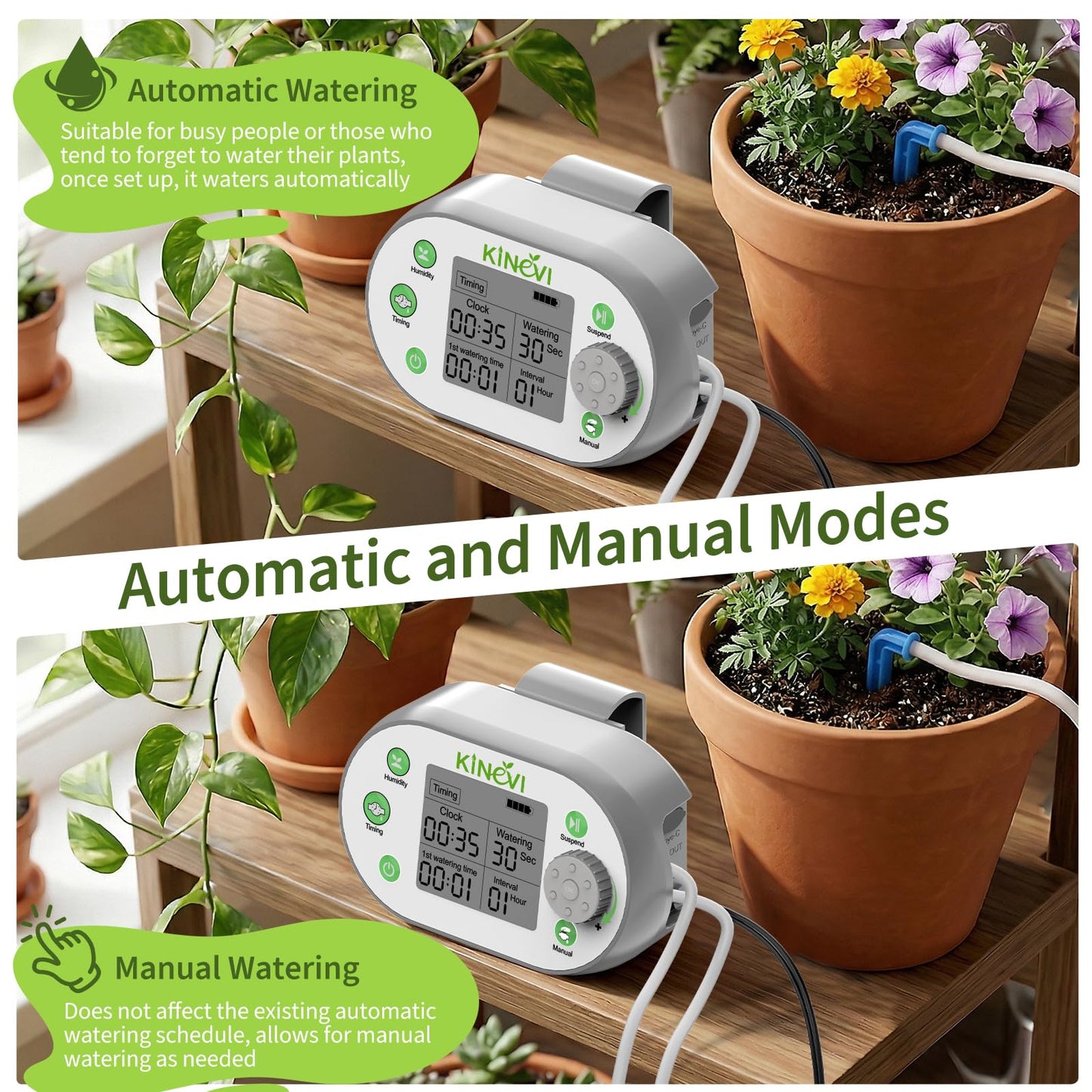 Automatic Plant Waterer, Plant Watering Device for 15 Pots, Indoor Plant Watering System, Auto Drip Irrigation Kit Programmable Water Timer with Smart Humidity Detection