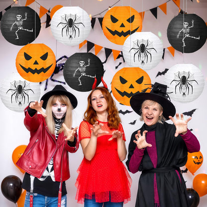 KAXIXI Halloween Party Decorations - 10pcs Halloween Spooky Spider Skeleton Pumpkin Printed Hanging Paper Lanterns for Halloween Decorations Birthday Yard Garden Decor Outdoor Indoor