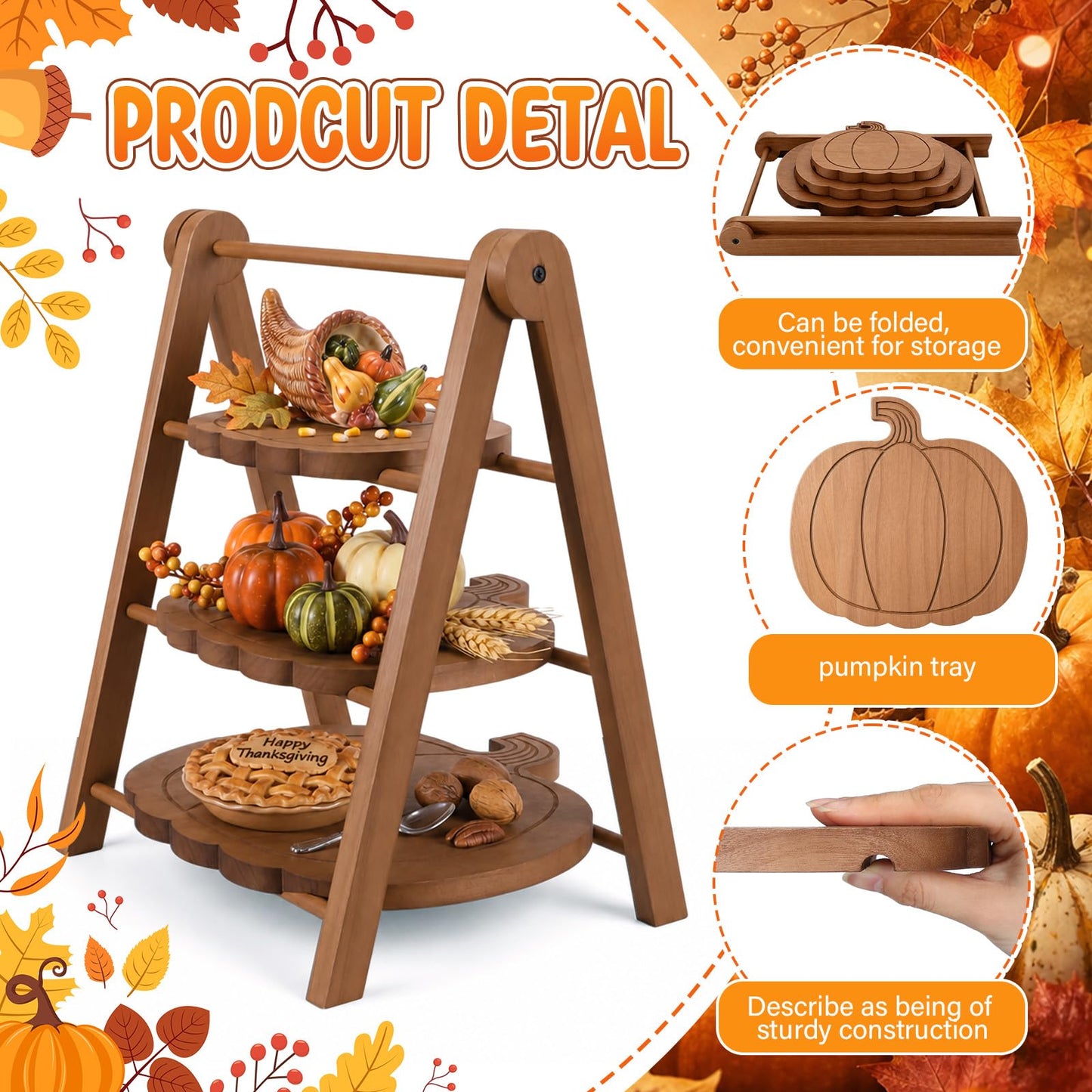 Marsui 3 Tier Pumpkin Serving Trays Wooden Shaped Pumpkin Platters 12'' 10'' 8'' Charcuterie Plate Board Reusable Party Serving Plate for Halloween Fall Party Decoration