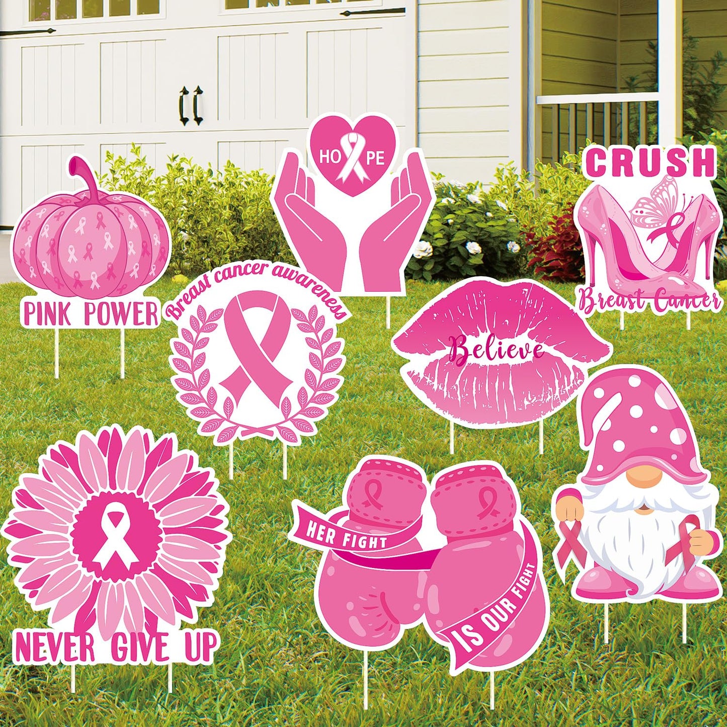 Breast Cancer Awareness Yard Signs with Stakes for Lawn Including Pink Ribbon, Pumpkin, gnome, Gloves Sign for Outdoor Yard Decor Breast Cancer Awareness Party 8pcs