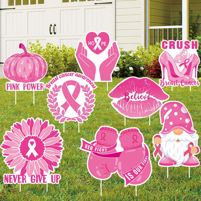 Breast Cancer Awareness Yard Signs with Stakes for Lawn Including Pink Ribbon, Pumpkin, gnome, Gloves Sign for Outdoor Yard Decor Breast Cancer Awareness Party 8pcs