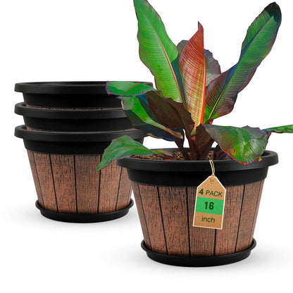 Quarut Large 4 Pack 16 inch Plant Pots,Whiskey Barrel Planters with Drainage Holes & Saucer,Plastic Decoration Flower Pots Retro Design,Planters for Outdoor Indoor Garden Balcony Plants (Brown)
