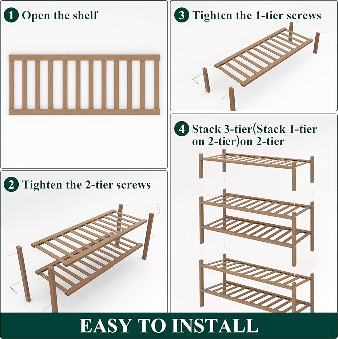 Smiry Bamboo Shoe Rack, 5 Tier Free Standing Wooden Shoe Organizer, Stackable Wood Shoe Storage Shelf for Closet, Entryway, 14 Vertical Slats, 2+2+1 Stack Heavy-Duty Legs, 26.8"x11"x32.5", Walnut