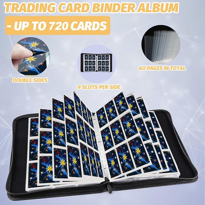 720 Pockets Round Ring Trading Card Binder, 9-Pocket Clear Zipper Card Album with Wrist Strap, Holds 720 Standard TCG Cards Compatible with Sports Baseball Football Game Cards (Blue Print)