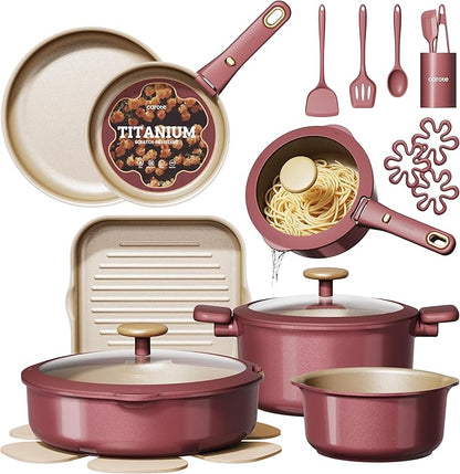 CAROTE 26 Pcs Pots and Pans Set, Nonstick Cookware Sets with Detachable Handle, Titanium Reinforced, Oven Safe, Cookware Non Stick Cooking Set w/Frying Pans & Saucepans Red(PFOS, PFOA Free)