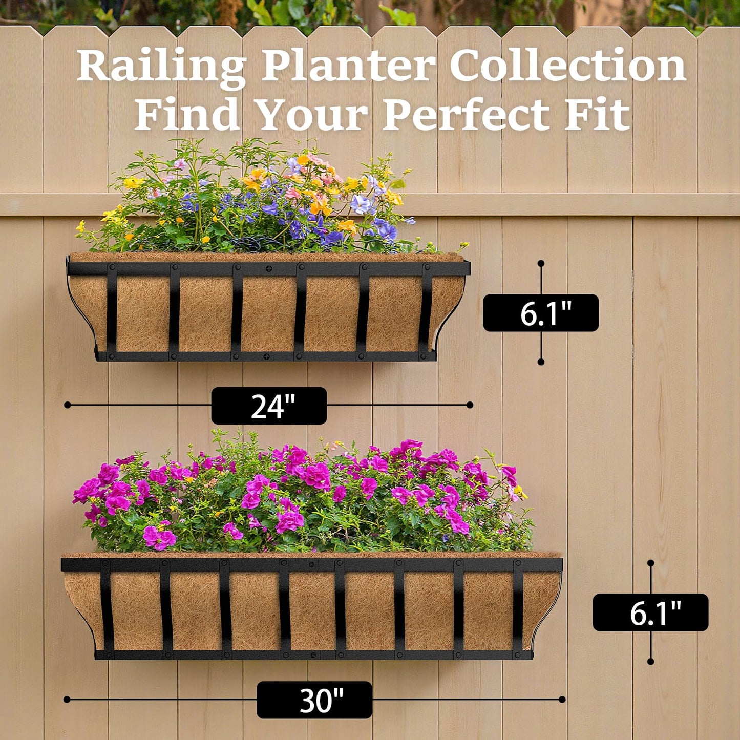 VOXOR Railing Planter Boxes, Heavy Duty Window Box Planters, Adjustable Balcony Planters for Railing Hanging, with Coco Liner & Support Rod for Deck, Porch, and Patio Gardening (3 Pack, 30 Inch)