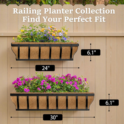 VOXOR Railing Planter Boxes, Heavy Duty Window Box Planters, Adjustable Balcony Planters for Railing Hanging, with Coco Liner & Support Rod for Deck, Porch, and Patio Gardening (3 Pack, 24 Inch)