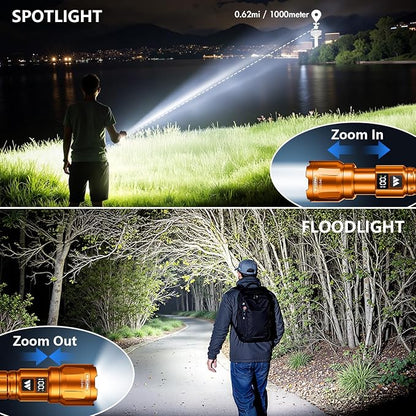 Wdtpro LED Rechargeable Flashlight 2 Pack, 3 Modes Super Bright High Lumens Flashlights, Zoomable Tactical Flash Light with LCD Display, IP65 Waterproof Flashlights for Home Emergency Camping - Orange