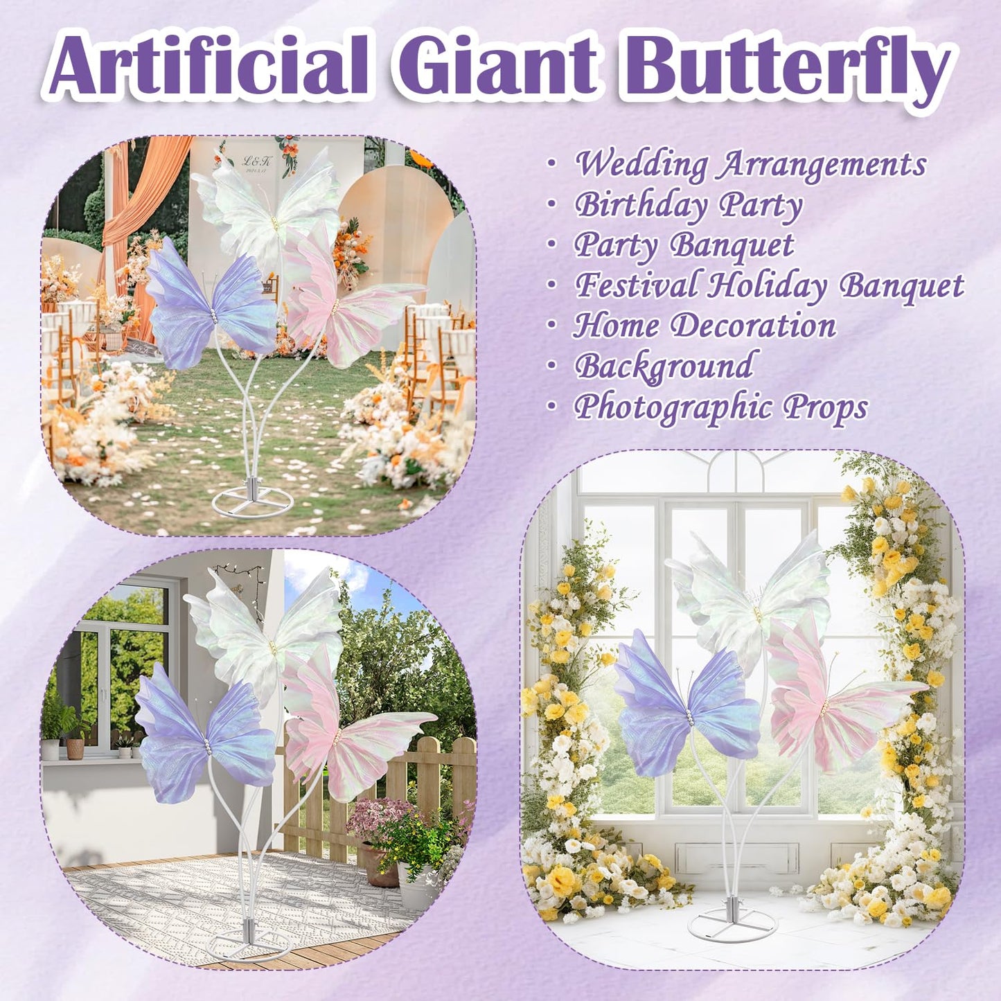 X-Kingsun Large Silk Butterfly Decorations 5.5ft Giant Butterfly with Stand Base Mariposas Grandes para Decoraction Artificial Gauze Butterfly for Outdoor Wedding Party Garden Backdrop Decor