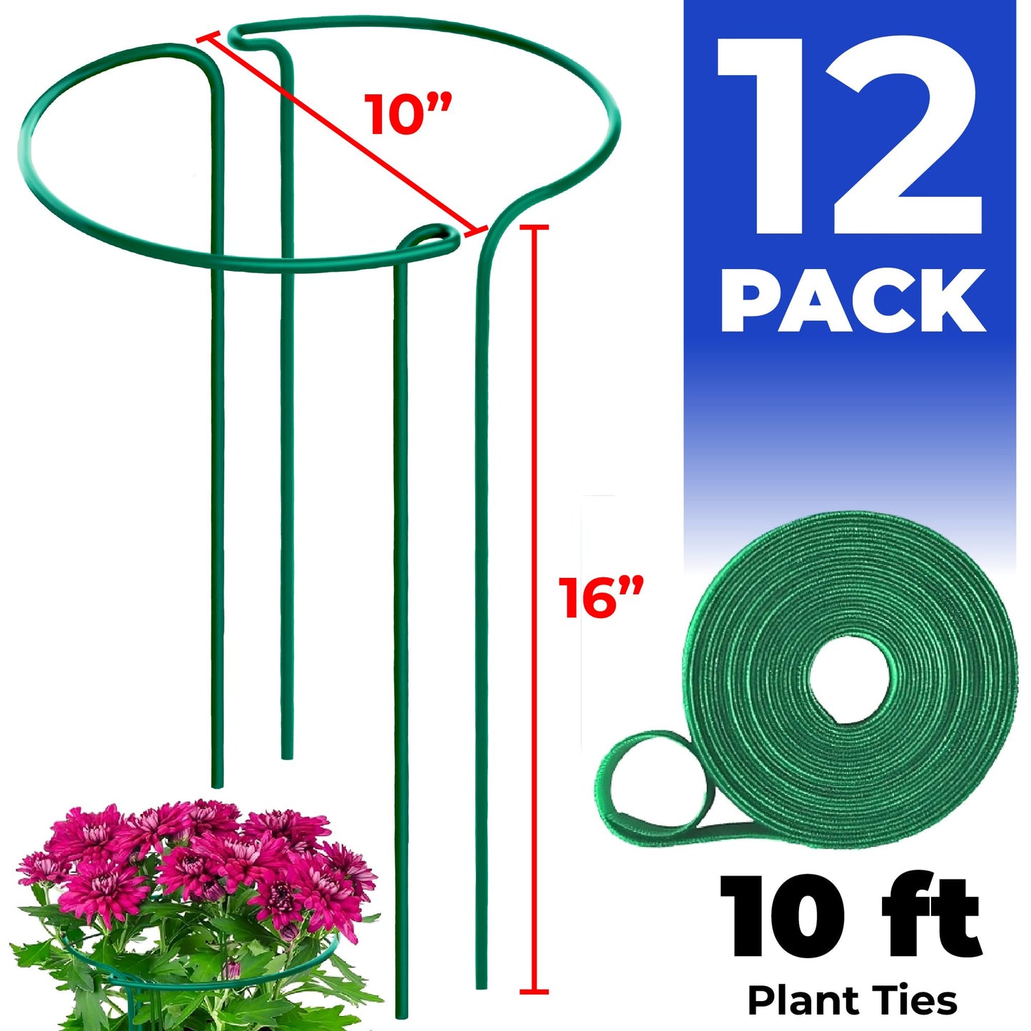 K-Brands 12 Pack Plant Support Stakes – Heavy-Duty Half Round Peony Support Ring and Cage for Indoor and Outdoor Plants – Peony, Tomato, Hydrangea, Rose 10" Wide x 16" High