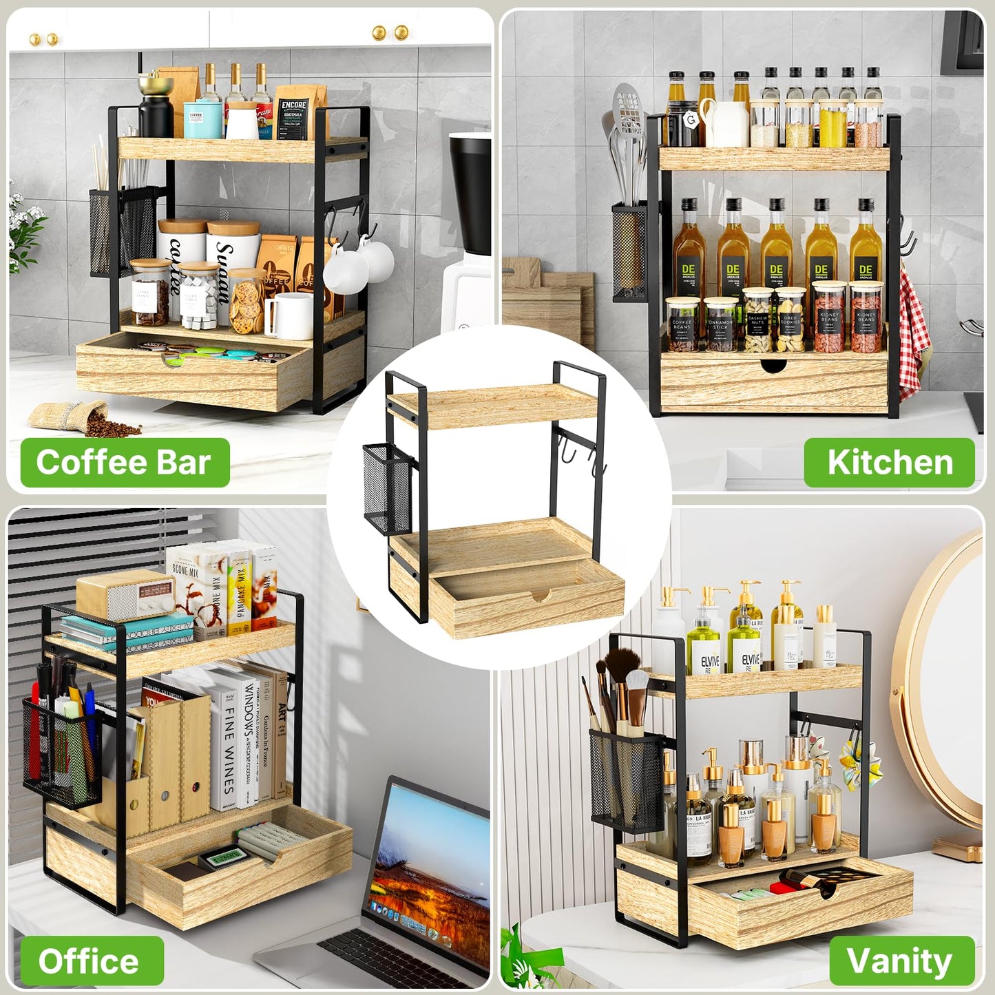 2-Tier Bathroom Counter Organizer with Drawer Basket and Hooks, Wood Bathroom Organizers and Storage for countertop, Farmhouse Brown Countertop Organizer, Counter Shelf for Vanity, Kitchen, Office