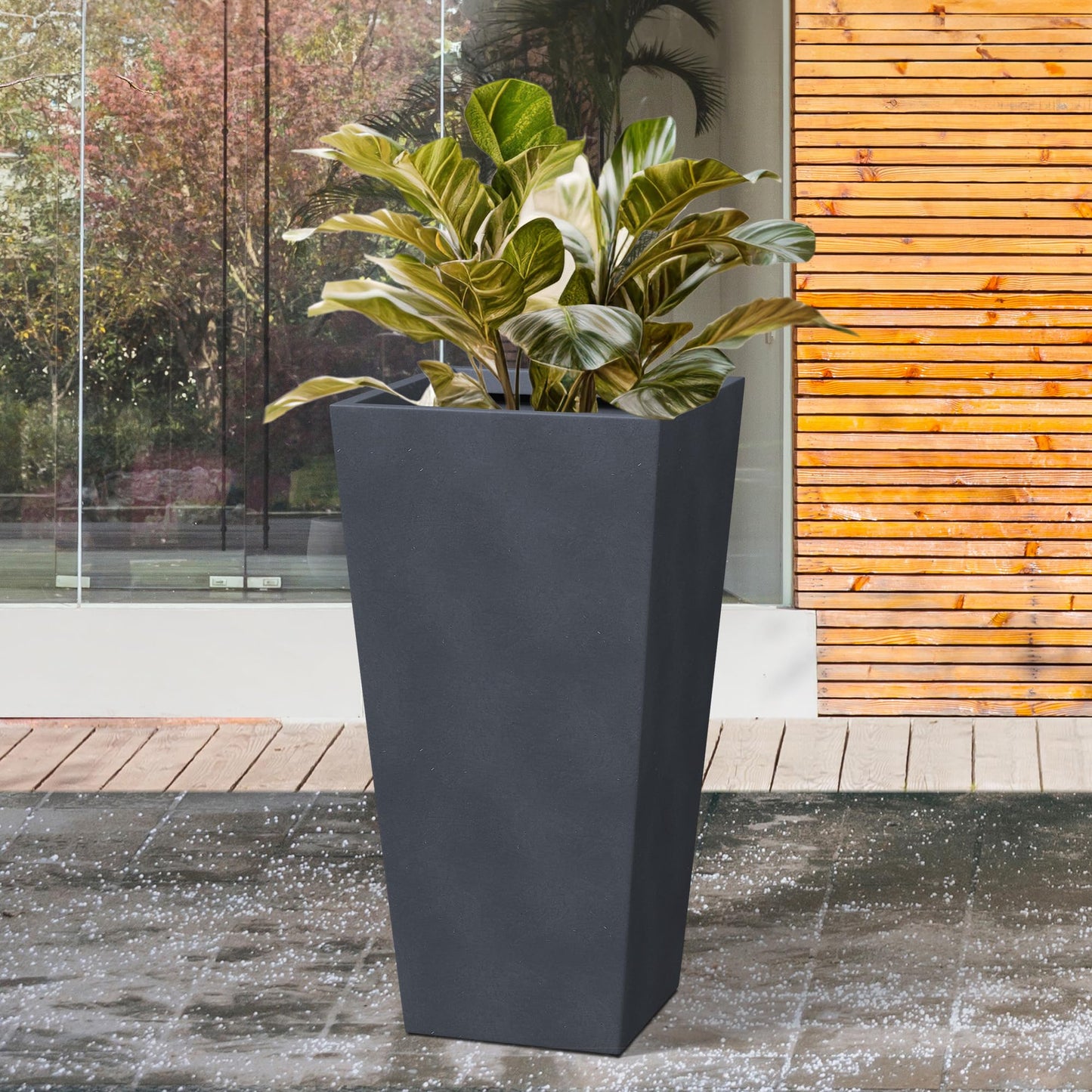 Kante 28 Inch Tall Tapered Concrete Planter, Modern Style Large Plant Pot with Drainage Hole and Rubber Plug for Patio, Backyard, Porch, Suitable for Indoor Outdoor Plants, Charcoal