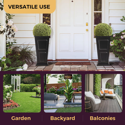 23" Tall Metallic Planter for Outdoor Plants Set of 2, Tapered Steel Flower Pot with Removable Middle Partition Drainage Holes, Large Metal Planters for Front Porch, Garden, Patio, Balcony, Black