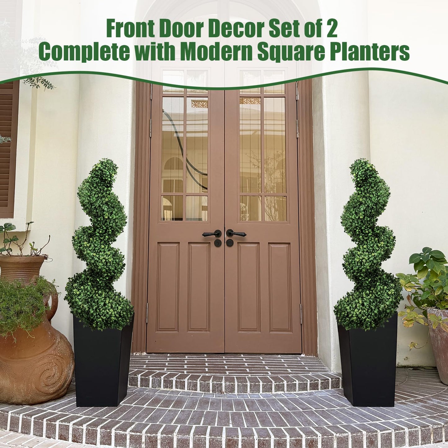 Mavis's Diary 4FT Artificial Spiral Topiary Trees, Set of 2 UV Resistant Faux Boxwood Plants in Square Planter, Indoor Outdoor Fake Shrubs for Front Porch, Entryway, Patio, Home Decor