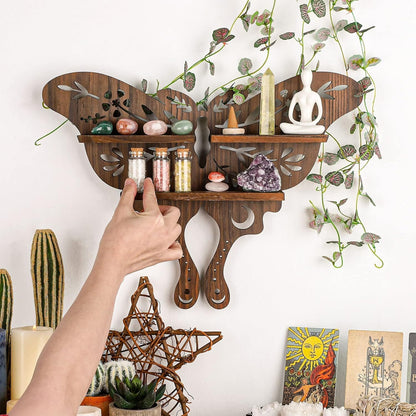 ANROYE Luna Moth Crystal Shelf Display, Boho Pine Wood Wall Floating Shelves with Light for Gem Stone Essential Oil Storage, Bohemian Wooden Butterfly Hanging Witch Rustic Decor Holder
