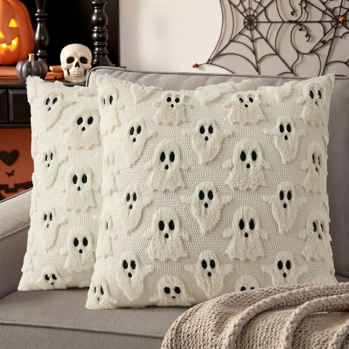 decorUhome Fall Halloween Ghost Pillow Covers 18x18 Inch Pack of 2 Soft Plush Faux Wool Textured Throw Pillow Covers Cute 3D Ghost Decorative Cushion Cases for Couch Sofa Bedroom Home Decor, Beige