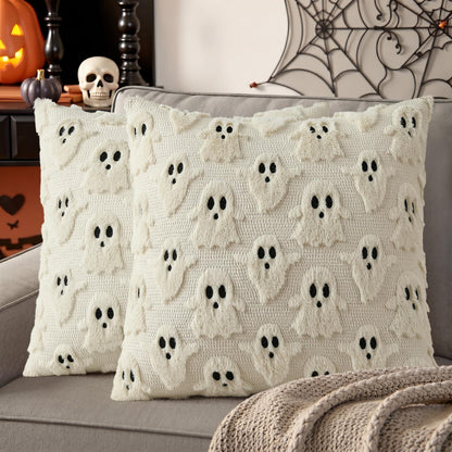 decorUhome Fall Halloween Ghost Pillow Covers 18x18 Inch Pack of 2 Soft Plush Faux Wool Textured Throw Pillow Covers Cute 3D Ghost Decorative Cushion Cases for Couch Sofa Bedroom Home Decor, Beige