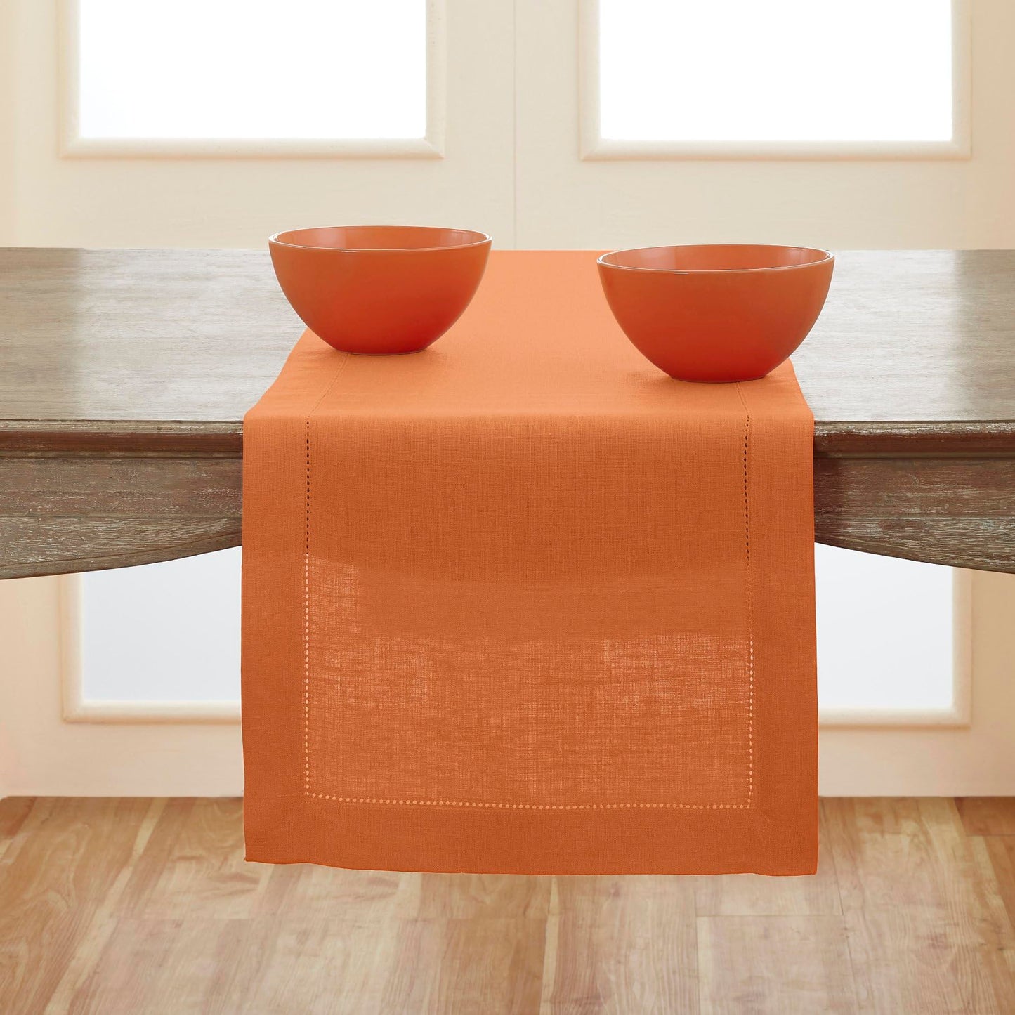 Solino Home Linen Pumpkin Table Runner 90 Inches Long - 100% Pure Linen Hemstitch 14 x 90 Inch Table Runner for Dining - Classic Hemstitch