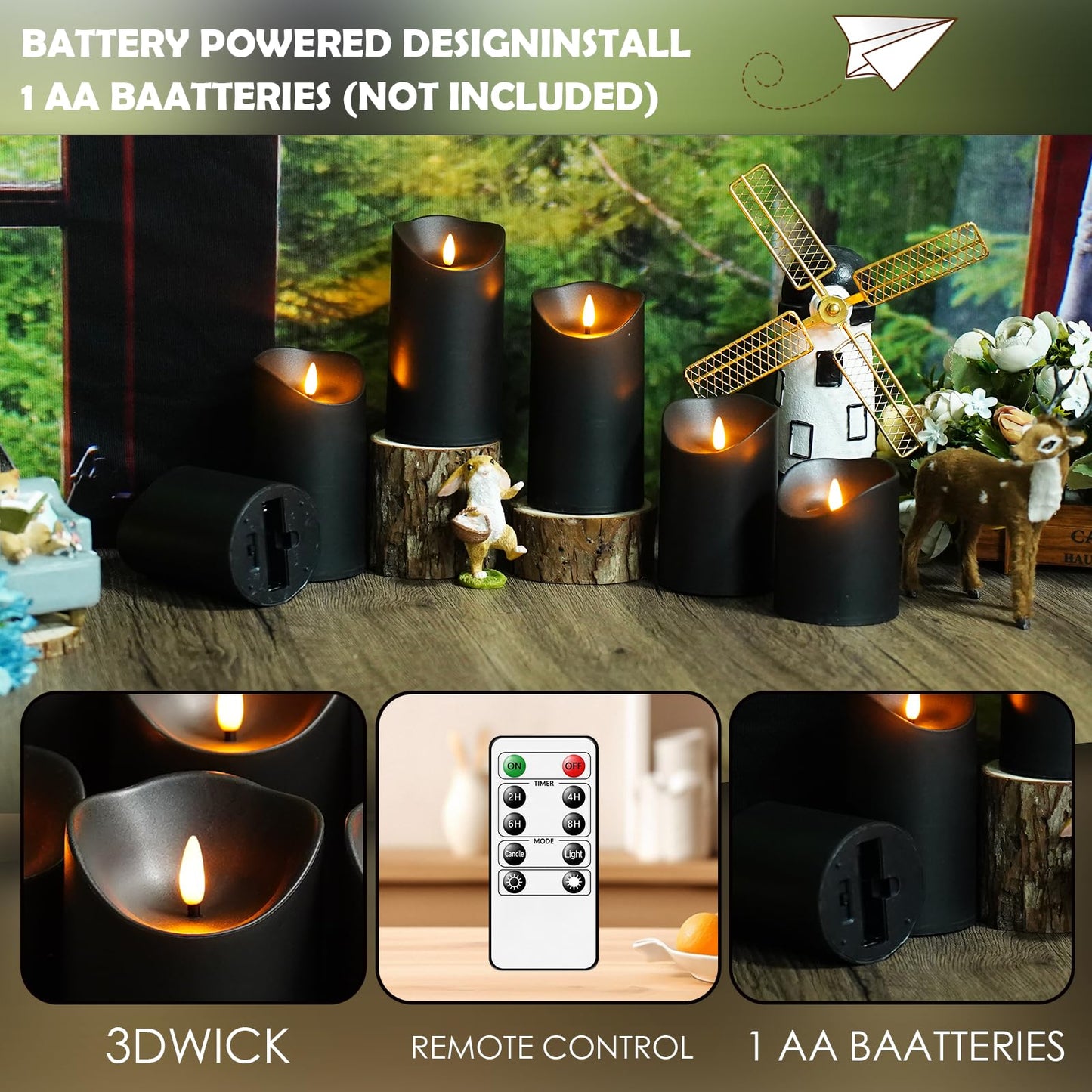 kakoya Flameless LED Candles Battery Operated with Remote and Timer,Flickering Electric Fake Plastic Pillar Candles Set of 12(D3 x H 3" 4" 5") Black