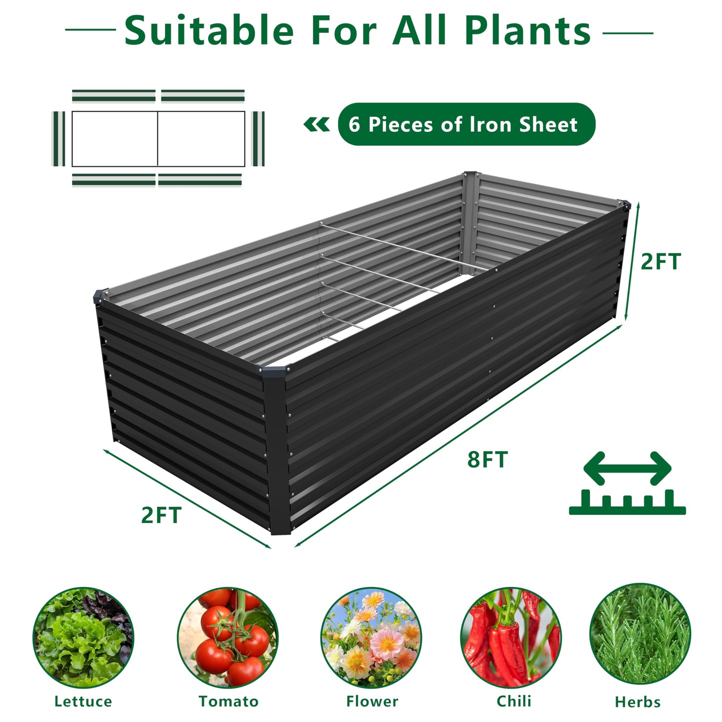 DIIYIV Galvanized Raised Garden Bed Kit Outdoor Patio,8x2x2ft Large Rectangular Metal Planter Boxes,Deep Root Box Planter for Gardening,Vegetables,Flowers,Herbs-Black