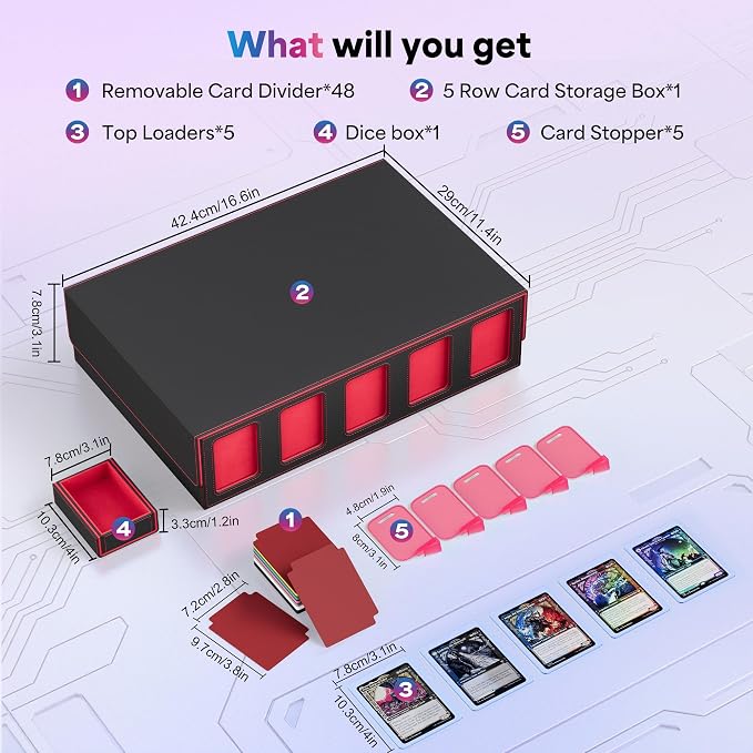 UAONO Trading Card Storage Box with Commander Display;3900+ Card Box for MTG, Removable Cover; 5 Row Case fits MTG TCG Sports Cards 48 Dividers,5 Stoppers,5 Top Loaders,1 Dice Box(Black, Red)