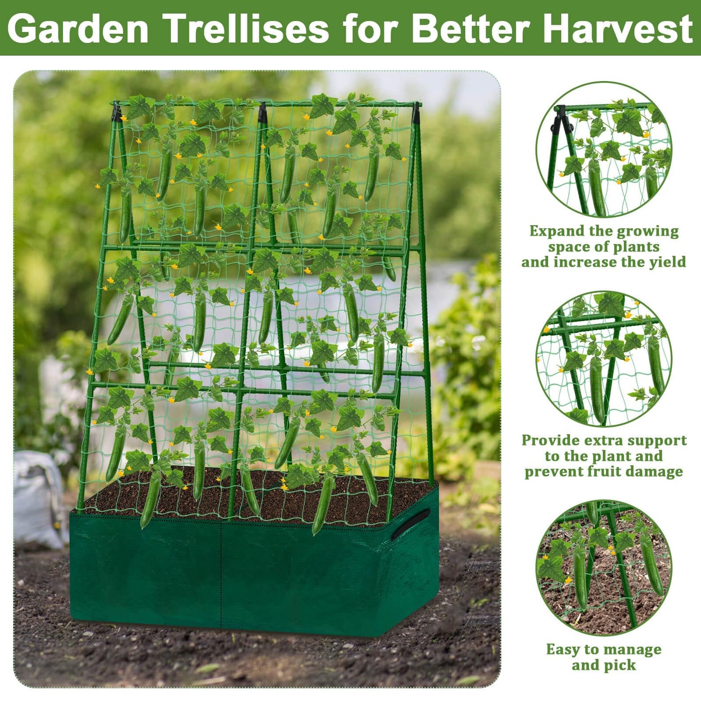 Tidponra Cucumber Trellis for Garden, 34 X 47 Inches A Frame Gardening Trellis with Fabric Raised Garden Bed, Climbing Net and Plant Support Clips for Climbing Plants
