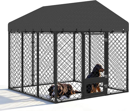 6x6FT Dog Kennel Outdoor with Roof - Heavy Duty Metal Fence Playpen for Large Dogs, Weatherproof Enclosure with Double Lock Gate & Feeding Swivel Door