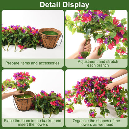 Homsunny Artificial Fake Hanging Flowers Plants Basket for Outdoor Decoration, Faux Silk Flower Bougainvillea Planter Look Real UV Resistant for Home Porch Patio Balcony Yard Spring Decor(Mix Pulple)