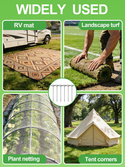 6 Inch Landscape Staples with Hook & Hammer - 120pcs Circle Top Weed Barrier Stakes Kit, 9 Gauge Galvanized Rust-Resistant Garden Fabric Pins, for SOD, Garden Edging, Install & Remove Tools Included
