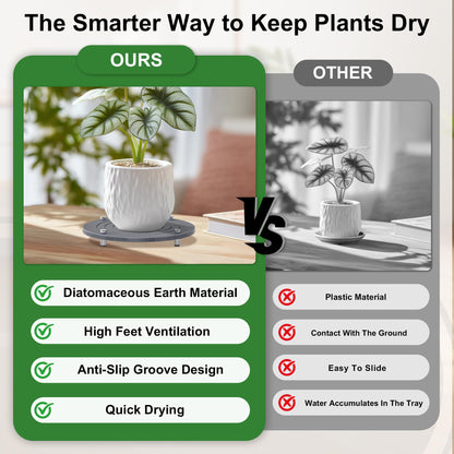 SeekElegant 2Pcs 8 Inch Plant Saucers for Indoors, Instant Dry Diatomaceous Earth Plant Saucer, Plant Trays for Pots with Stainless Steel Feet, Plant Water Catcher Tray, Gray