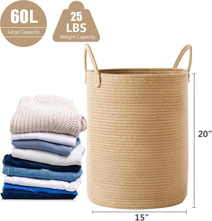60L Jute Woven Laundry Hamper Basket Wicker Rope Clothes Hamper Tall Rattan Blanket Basket in Living Room Bedroom 15Dx20H Inches Large
