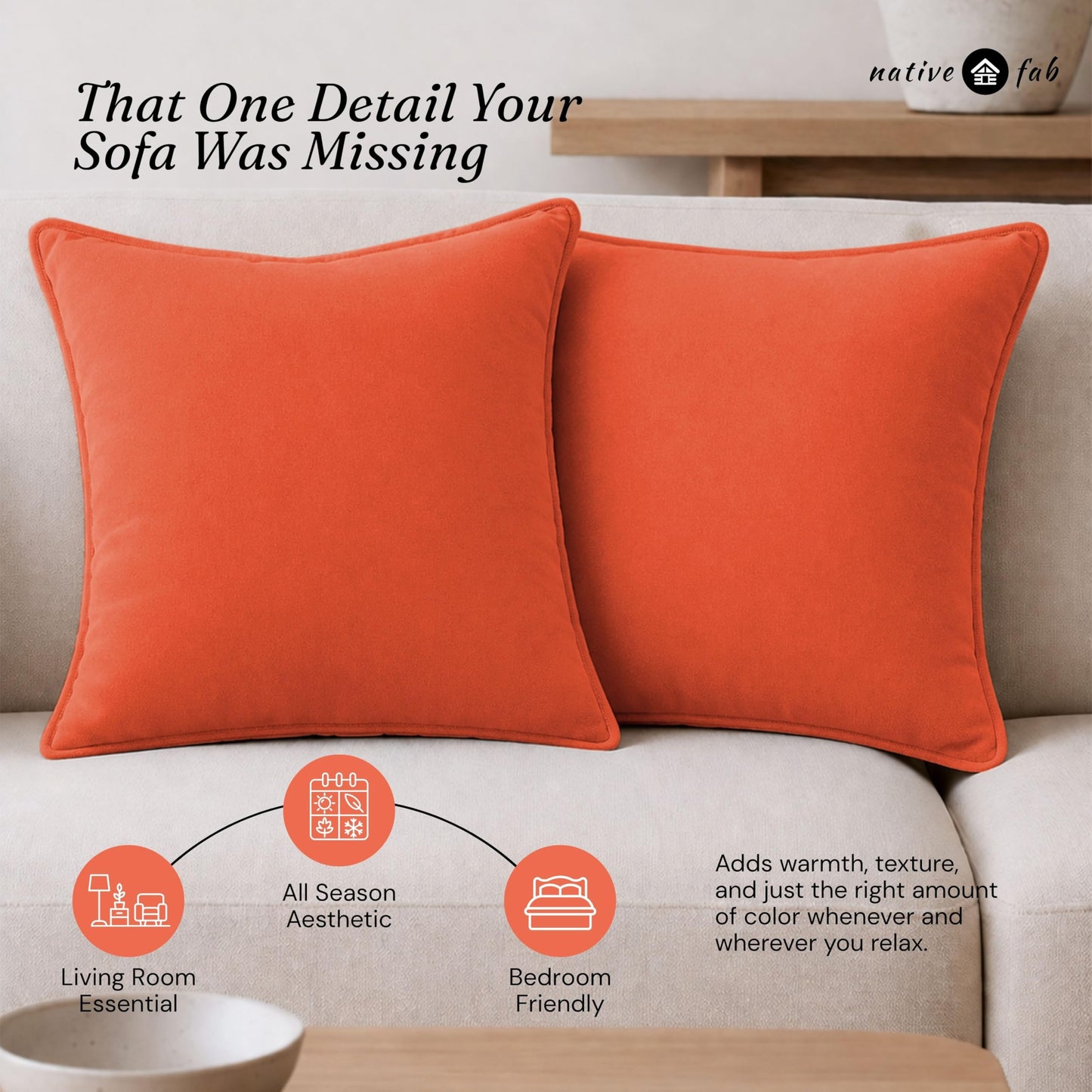 Native Fab Throw Pillow Covers 2 Pack, Premium Quality, 20x20 Inches, 100% Cotton, Bright, Durable, Decorative Halloween Cushion Cases, Perfect for Sofa, Couch, Living Room, Modern Home Decor, Orange