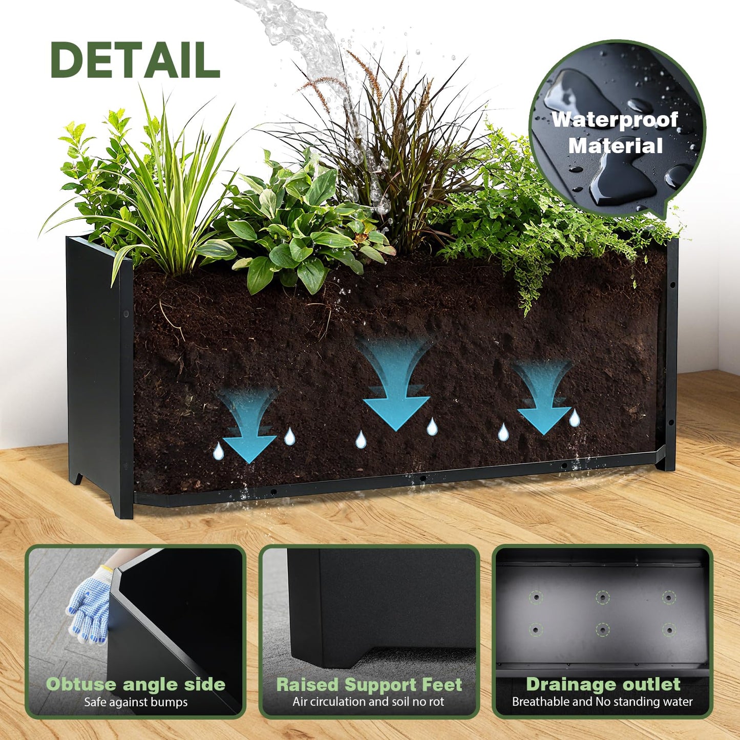 GJWCVL Steel Planter Box-32"x15"x15"-Rectangular Planters for Outdoor Plants, Black Matel Planter Box Raised Support Feet for Patio, Deck, Garden, Yard, Drain Holes, Easy Assembly