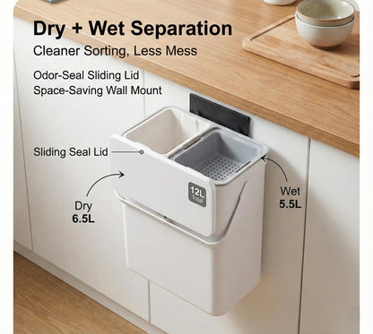 TOSCARA 3.2 Galoon Kitchen Compost Bin with lid | Odorless Hanging Trash Can with Sliding Lid for Dry & Wet Waste – 12 L Wall-Mounted Garbage Can for Kitchen Cabinet. Under Sink Trash can for Office.