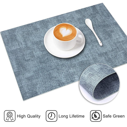 LANDVIEW Leather Heat Resistant Placemats Set of 6 Waterproof Wipeable Washable PU Table Mats,Easy to Clean Anti-Slip (6, Blue)