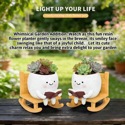 LAUGOKEBE Smily Face Reading Book Planter Pot, Cute Resin Flower Head Planters for Indoor Outdoor, Unique Sit Rocking Chair Succulent Pots with Drainage Hole Gift IdeaI for Christmas