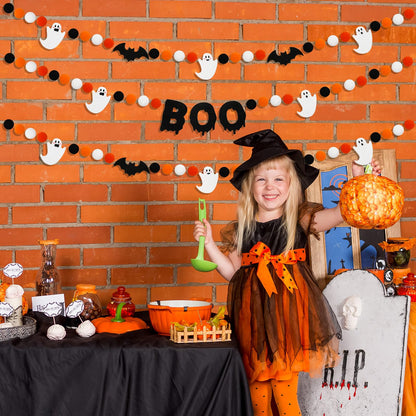JarThenaAMCS 3Pcs Halloween Felt Garland Ghost Boo Bat Hanging Banner Orange Black White Pom Ball Banner for Haunted House Home Wall Mantle Decor