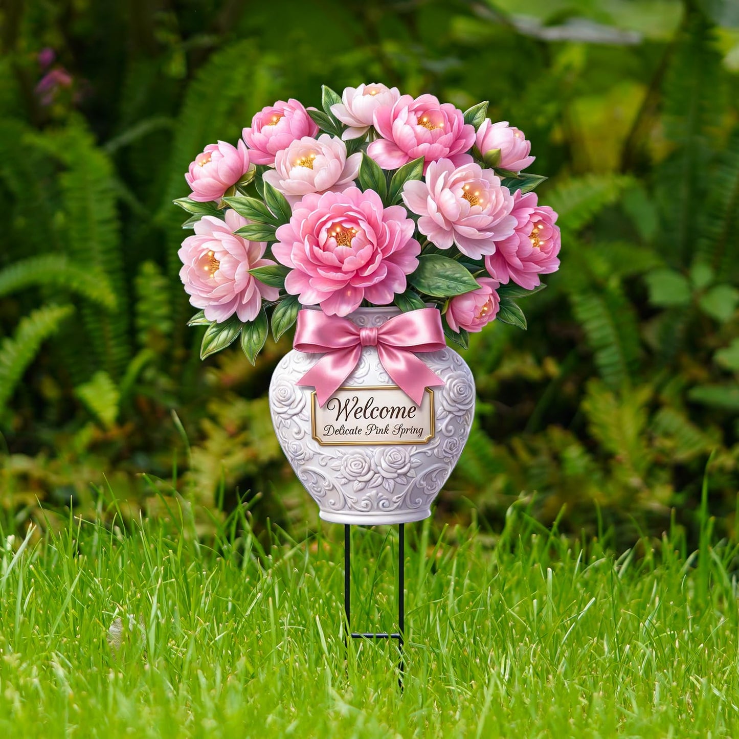 Tooyuart Pink Peony Flower Garden Stake, 20" Flat Metal Welcome Sign, Rustproof Metal Flower Vase Yard Art, Spring Yard Outdoor Decorations for Patio Lawn Garden