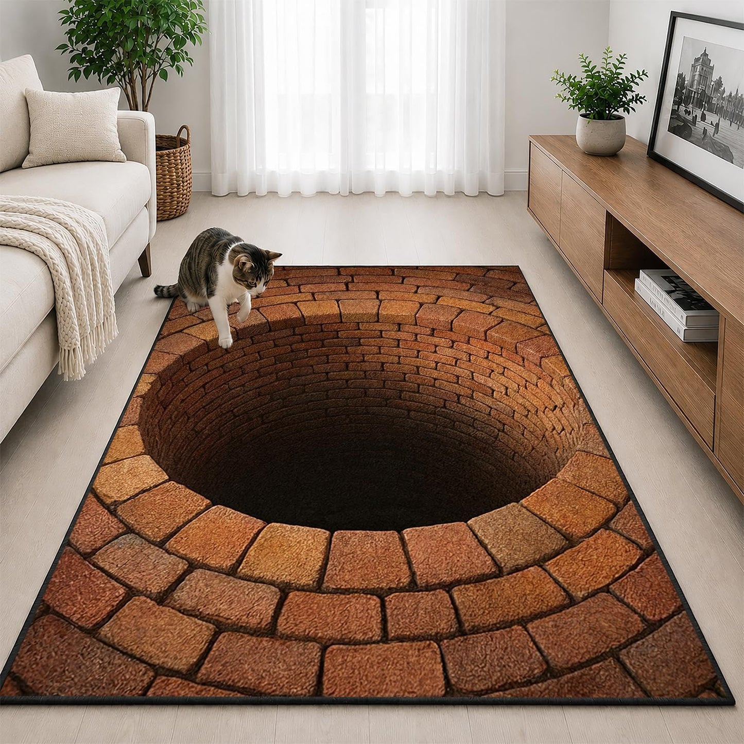 CASAVAINE 3D Optical Illusion Vortex Rug 5'x7' Realistic Brick Well Hole Design, Soft Non-Slip Washable Area Rug for Living Room, Bedroom, Game Room Decor, Fun Modern Decor