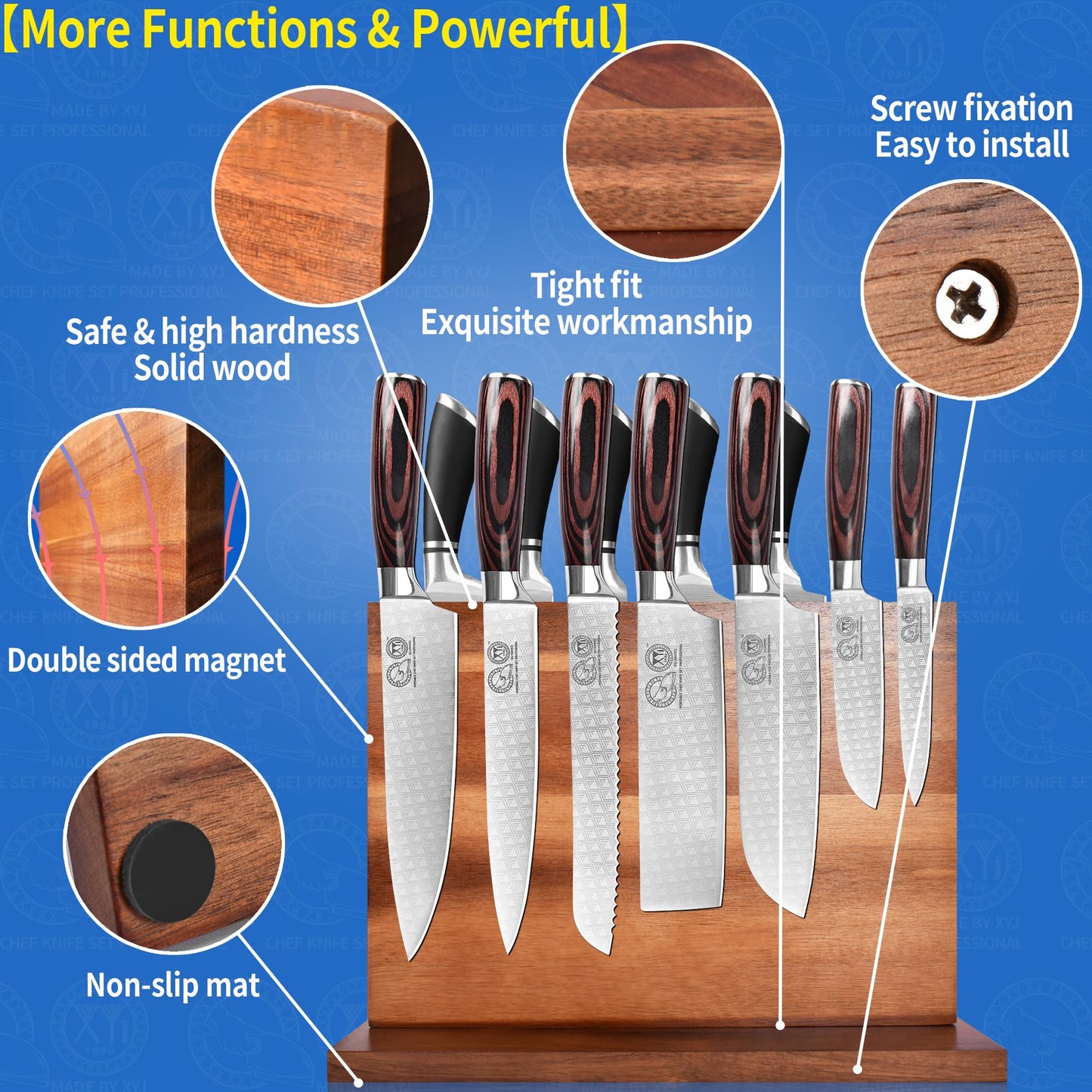 XYJ Authentic Since 1986, Magnetic Knife Block, Double Side Kitchen Knife Stand, Acacia Wood, Magnetic Knife Holder with Strong Enhanced Magnets,Knives Storage Rack Stand for Home Kitchen