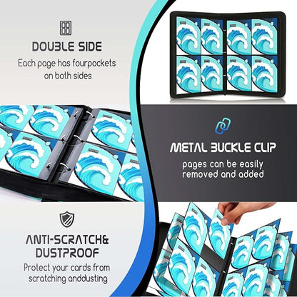Trading Card Binder 4 Pocket,400 Pocket Card Collection Binder with 50 Removable Sleeves,PU Waterproof Top Card Book,3-Ring Zipper Collectible Trading Card Album for MTG/TCG/Card Holder Gift（Water）