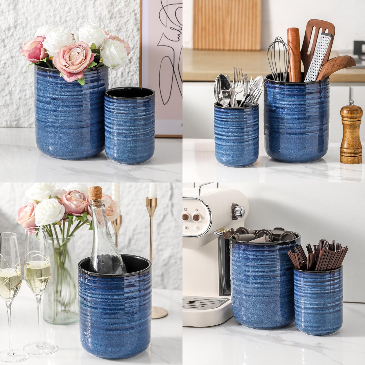 HASENSE Large Ceramic Utensil Holder, 7.4" Kitchen Utensil Crock for Countertop, Modern Farmhouse Utensil Organizer Caddy for Cooking Utensil Set, Blue Kitchen Decor